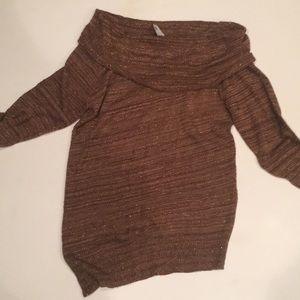 Bronze off the shoulder asymmetrical sweater
